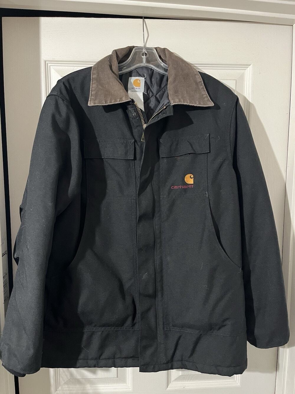 Vtg Carhartt Chore Jacket Quilt Lined Full-Zip Corduroy Collar Black Mens C26 XL